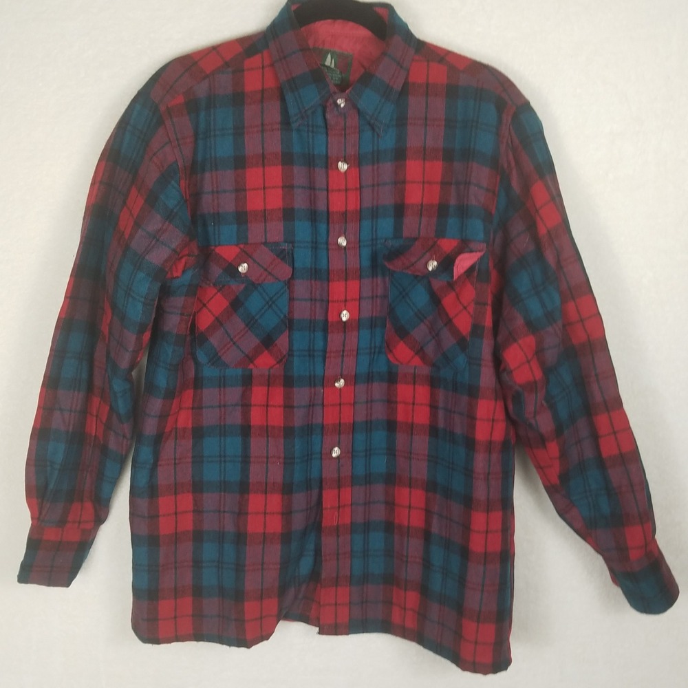 High Sierra Flannel Shirt Jacket Mens‎ M Red Teal Plaid Excellent Quilted Lined